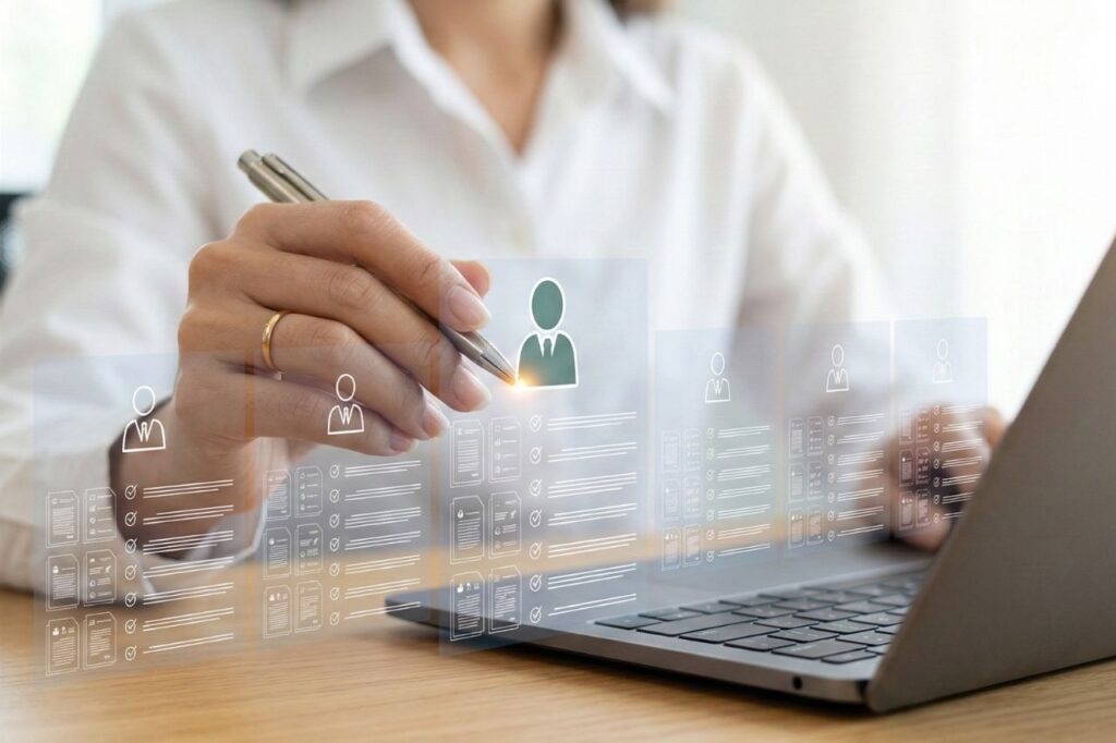 Osoba pracująca przy laptopie z danymi pracowników i dokumentacją kadrową