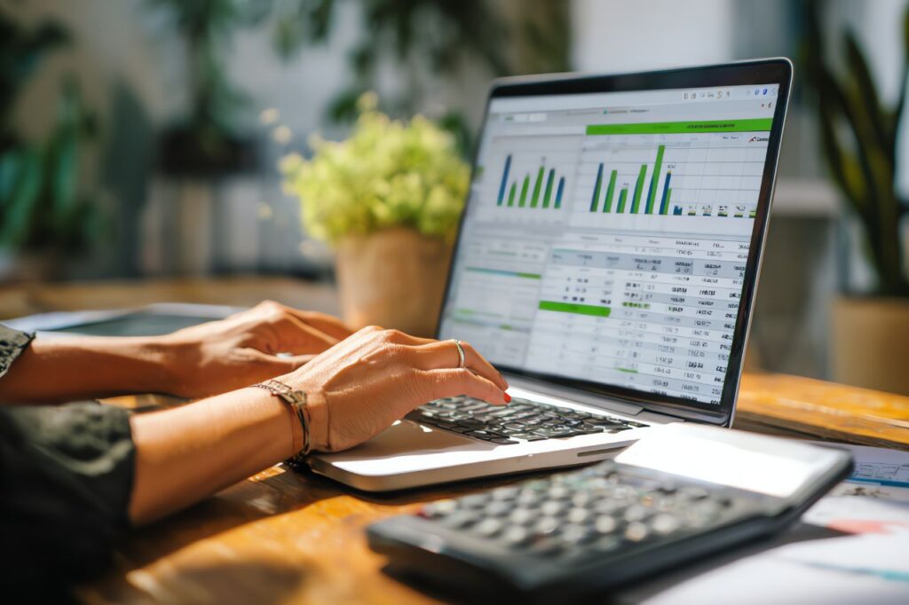 Osoba pracująca przy laptopie z widocznymi wykresami i danymi finansowymi na ekranie.