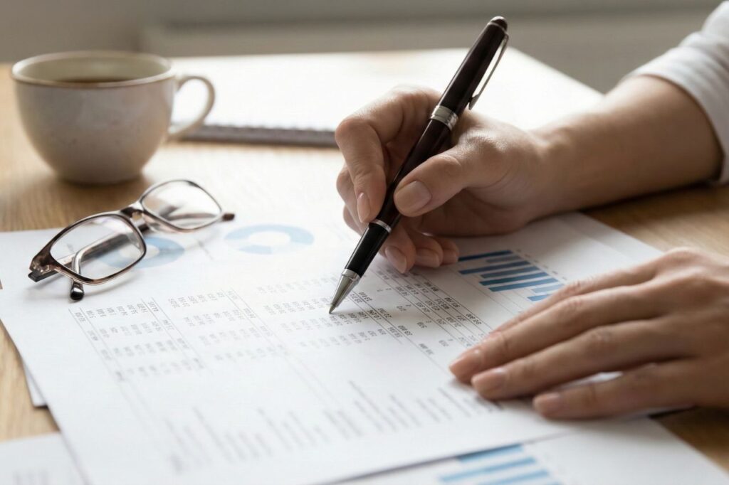 Osoba podpisująca dokumenty finansowe przy biurku