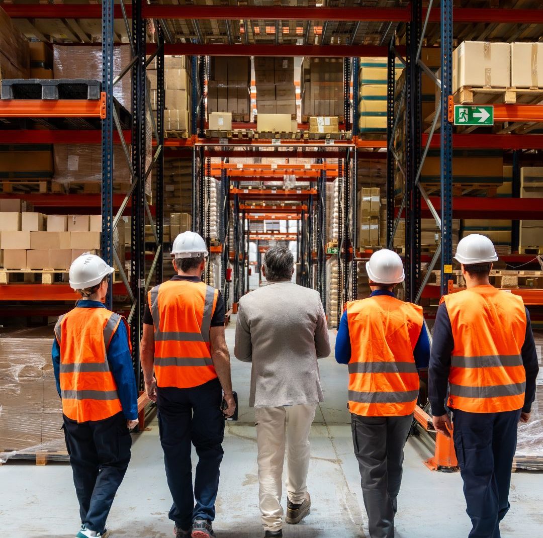 Pracownicy w kamizelkach odblaskowych w hali magazynowej