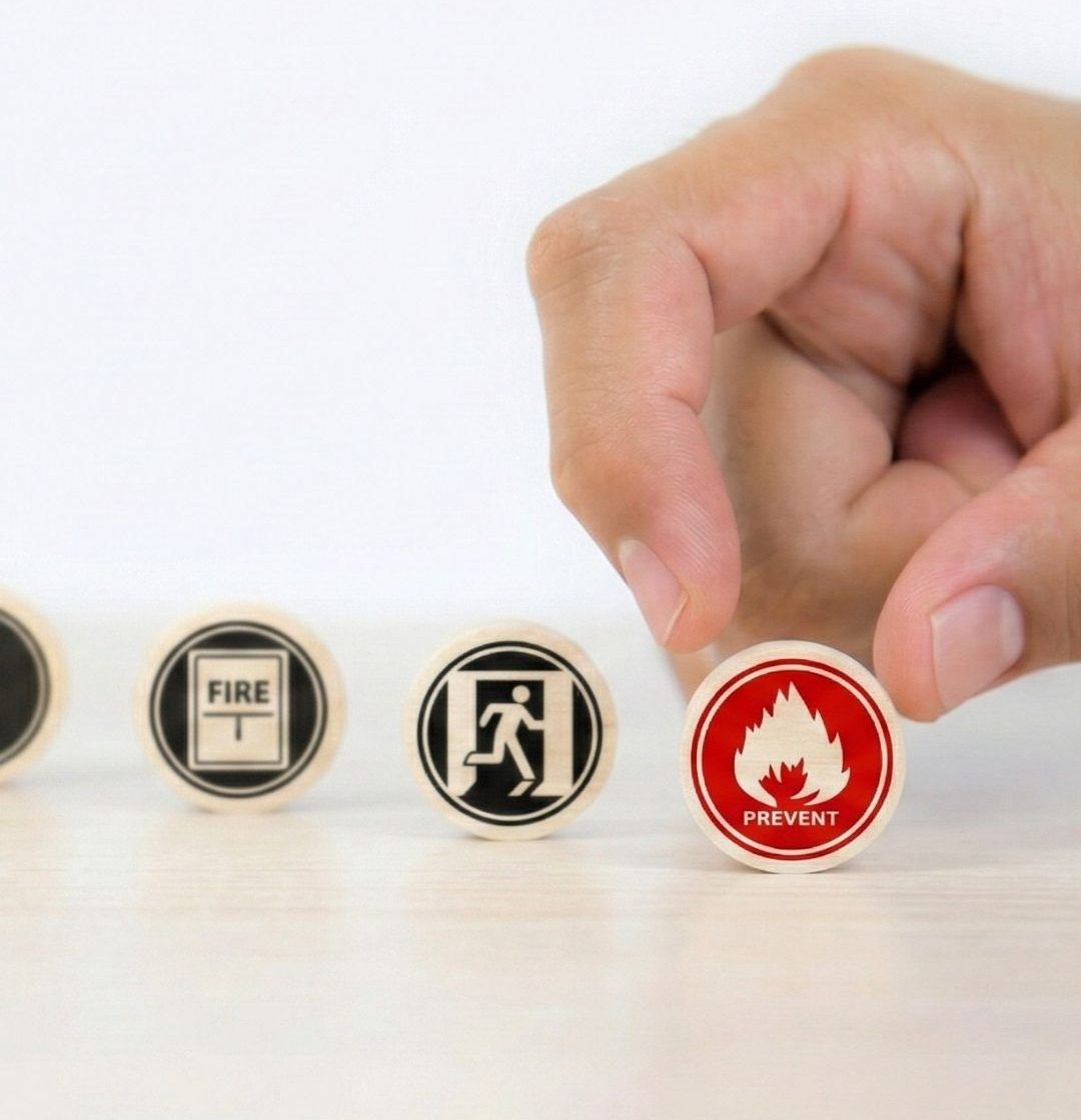Ręka wybierająca przycisk z symbolem ognia wśród oznaczeń bezpieczeństwa